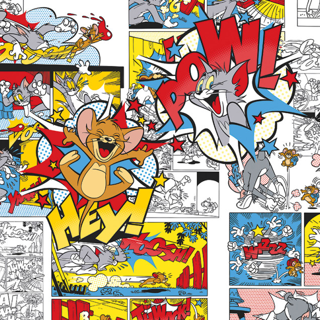 Fototapet Tom și Jerry 105 în stil pop-art vibrant, cu scene de benzi desenate și personaje animate, într-o sală de jocuri arcade.