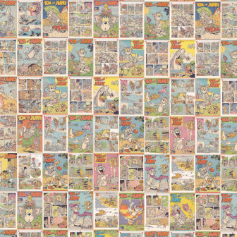 Fototapet vibrant cu o colecție de scene și benzi desenate clasice Tom și Jerry, prezentând diverse aventuri ale personajelor animate pe un fundal colorat.