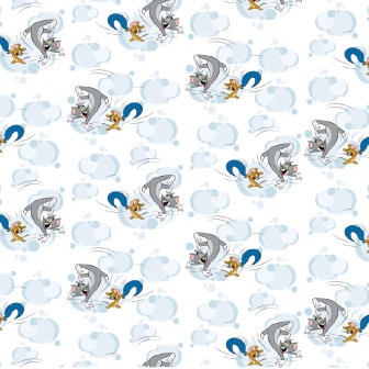 Tapet cu model repetitiv Tom și Jerry 109, prezentând pisica Tom și șoarecele Jerry într-o cursă amuzantă printre norișori albaștri pe un fundal alb.