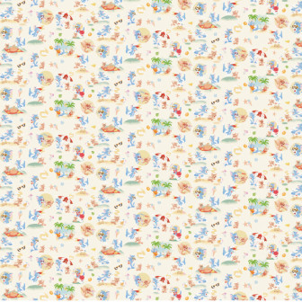 Tapet Tom and Jerry 110 cu Tom și Jerry la plajă, cu palmieri, umbrele de soare și minge, pe un fundal bej deschis.
