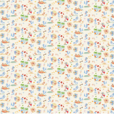 Tapet Tom and Jerry 110 cu Tom și Jerry la plajă, cu palmieri, umbrele de soare și minge, pe un fundal bej deschis.