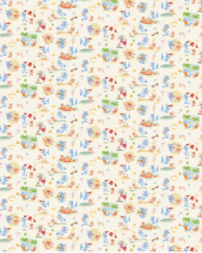 Tapet Tom and Jerry 110 cu Tom și Jerry la plajă, cu palmieri, umbrele de soare și minge, pe un fundal bej deschis.