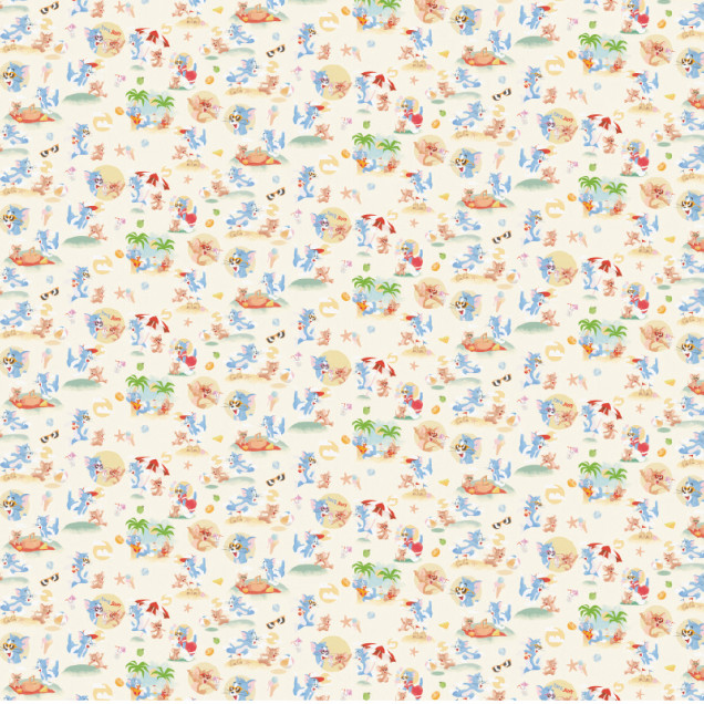 Tapet Tom and Jerry 110 cu Tom și Jerry la plajă, cu palmieri, umbrele de soare și minge, pe un fundal bej deschis.