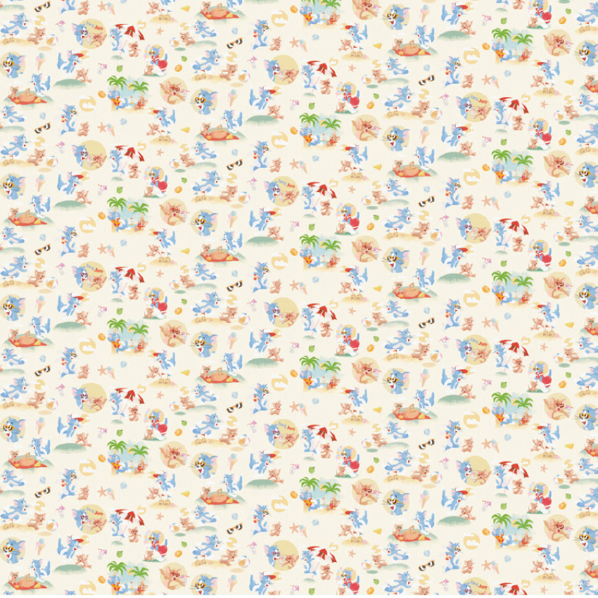 Tapet Tom and Jerry 110 cu Tom și Jerry la plajă, cu palmieri, umbrele de soare și minge, pe un fundal bej deschis.