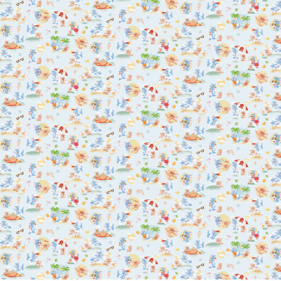 Tapet Tom and Jerry 110 în camera unui copil, cu personaje la plajă, pat și rafturi cu jucării colorate.