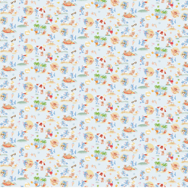 Tapet Tom and Jerry 110 în camera unui copil, cu personaje la plajă, pat și rafturi cu jucării colorate.