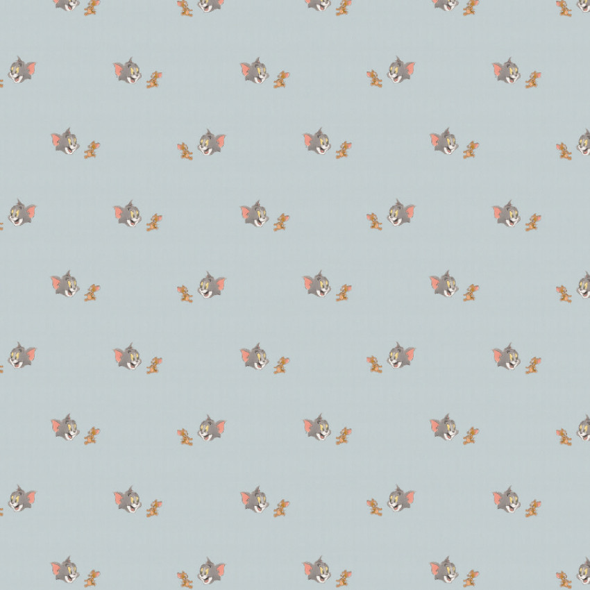 Tapet Tom și Jerry 111 cu model repetitiv al capetelor personajelor pe un fundal bleu deschis.