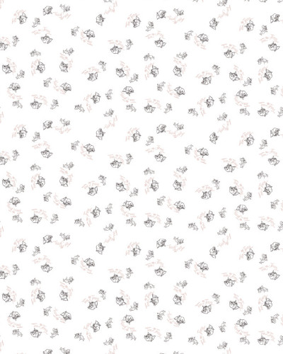 Tapet alb cu model repetitiv de schițe alb-negru ale personajelor Tom și Jerry și logo-ul lor iconic, ideal pentru camera copiilor.