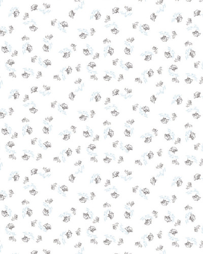 Tapet Tom și Jerry 114 cu contururi de personaje și text, într-o cameră modernă cu mobilier minimalist.