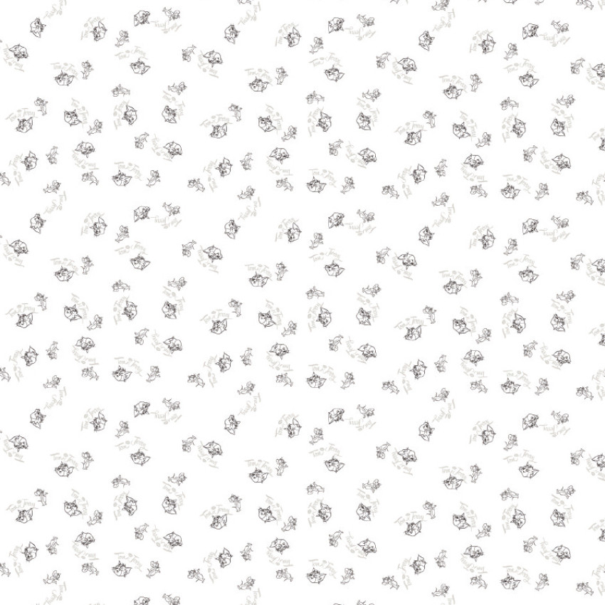 Tapet alb cu model repetitiv minimalist cu contururi ale personajelor Tom și Jerry și numele lor scris subtil.