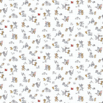 Tapet Tom și Jerry 118 în cameră de copil, cu pat, rafturi de lemn pline cu jucării și cărți, și un ghiozdan albastru. Personajele Tom și Jerry sunt desenate pe un fundal alb cu grilă.
