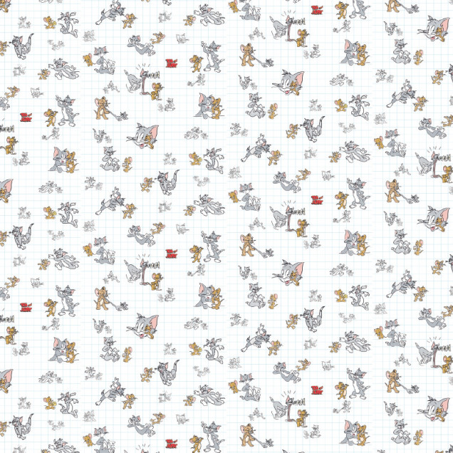 Tapet Tom și Jerry 118 în cameră de copil, cu pat, rafturi de lemn pline cu jucării și cărți, și un ghiozdan albastru. Personajele Tom și Jerry sunt desenate pe un fundal alb cu grilă.