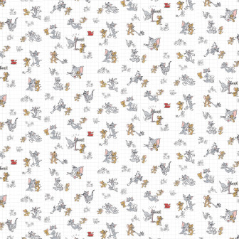 Tapet alb cu model repetitiv Tom și Jerry în diferite ipostaze jucăușe, ideal pentru camera copiilor.