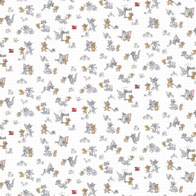 Tapet alb cu model repetitiv Tom și Jerry în diferite ipostaze jucăușe, ideal pentru camera copiilor.