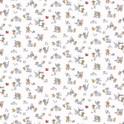 Tapet cu model repetitiv de personaje Tom și Jerry, colorate și conturate, pe un fundal alb cu grilă subtilă. Perfect pentru decorul camerei copiilor.