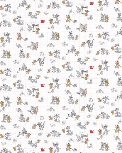 Tapet cu model repetitiv de personaje Tom și Jerry, colorate și conturate, pe un fundal alb cu grilă subtilă. Perfect pentru decorul camerei copiilor.