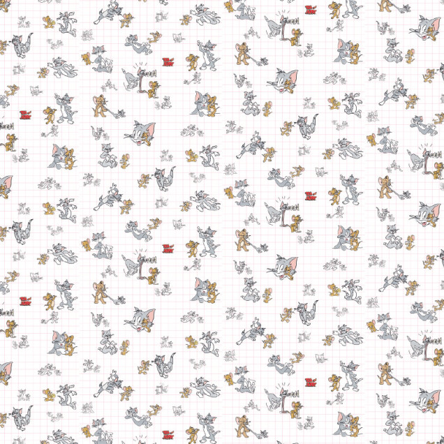 Tapet cu model repetitiv de personaje Tom și Jerry, colorate și conturate, pe un fundal alb cu grilă subtilă. Perfect pentru decorul camerei copiilor.