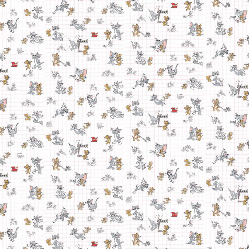 Tapet cu model repetitiv de personaje Tom și Jerry, colorate și conturate, pe un fundal alb cu grilă subtilă. Perfect pentru decorul camerei copiilor.