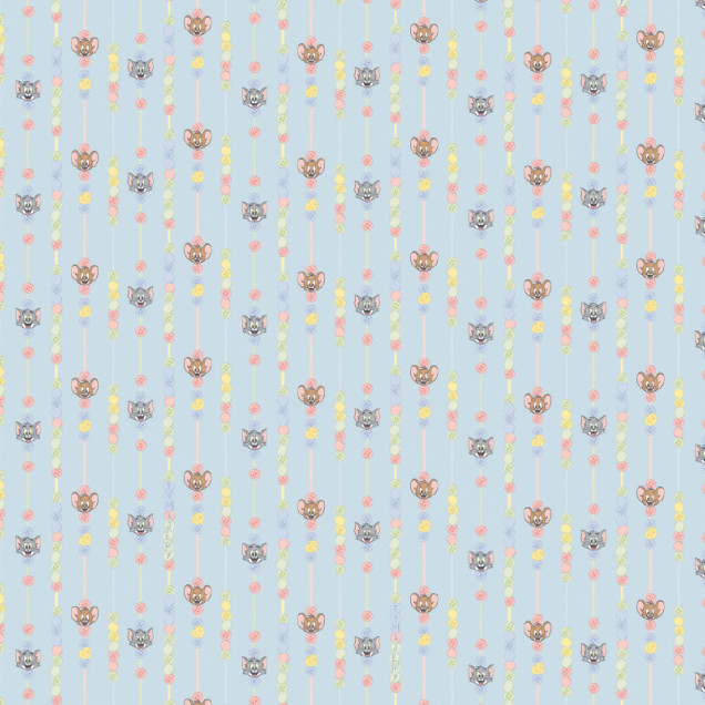 Tapet pentru copii cu personajele Tom și Jerry, model repetitiv cu nasturi colorați pe fundal albastru deschis.