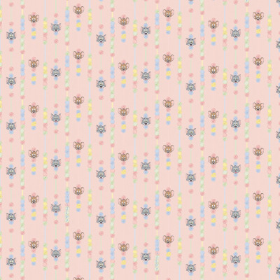 Tapet cu model repetitiv Tom și Jerry 119, pe un fundal roz pal, decorat cu șiruri verticale de nasturi și linii colorate în nuanțe pastelate.