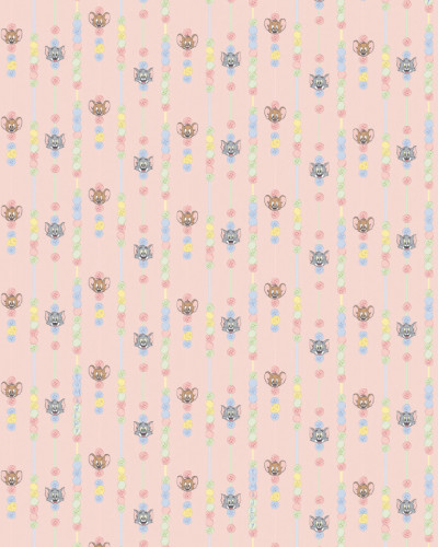 Tapet cu model repetitiv Tom și Jerry 119, pe un fundal roz pal, decorat cu șiruri verticale de nasturi și linii colorate în nuanțe pastelate.