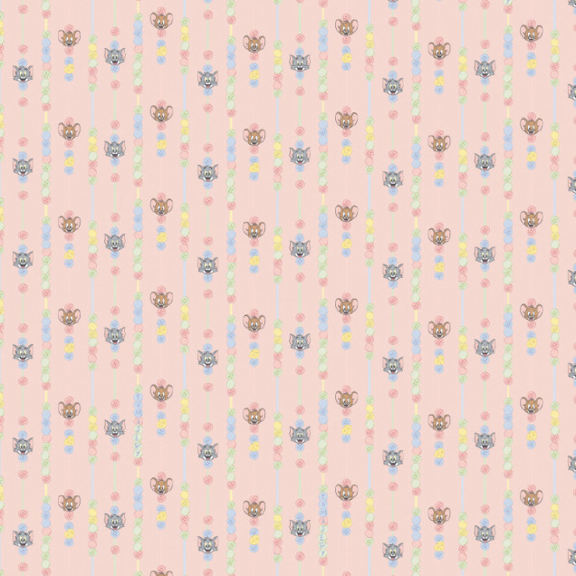 Tapet cu model repetitiv Tom și Jerry 119, pe un fundal roz pal, decorat cu șiruri verticale de nasturi și linii colorate în nuanțe pastelate.