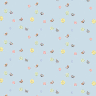Tapet Tom and Jerry 120 cu fundal albastru deschis, decorat cu chipurile zâmbitoare ale lui Tom și Jerry și nasturi colorați pastel. Ideal pentru camera copiilor.