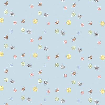 Tapet Tom and Jerry 120 cu fundal albastru deschis, decorat cu chipurile zâmbitoare ale lui Tom și Jerry și nasturi colorați pastel. Ideal pentru camera copiilor.