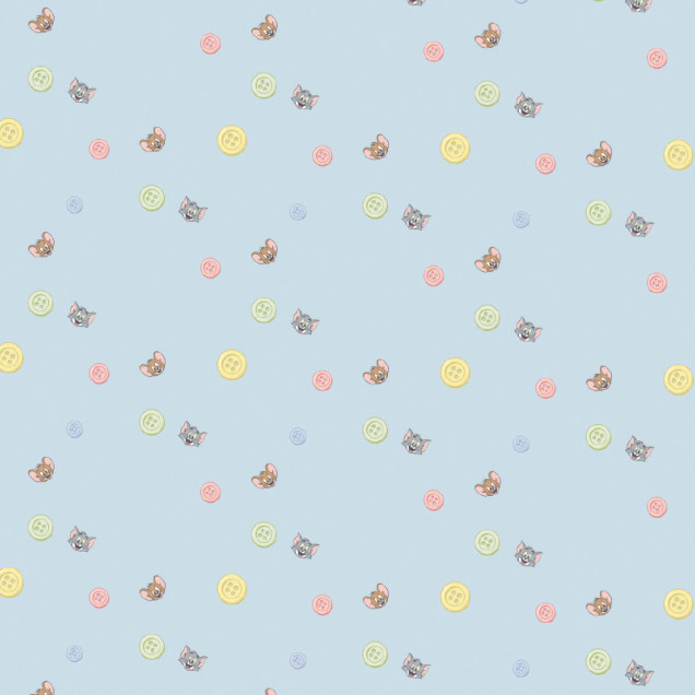 Tapet Tom and Jerry 120 cu fundal albastru deschis, decorat cu chipurile zâmbitoare ale lui Tom și Jerry și nasturi colorați pastel. Ideal pentru camera copiilor.