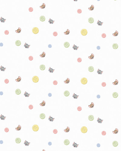Tapet cu model repetitiv Tom și Jerry și nasturi colorați. Fundal alb, cu chipurile vesele ale lui Jerry (șoarece maro), Tom (pisică gri) și nasturi rotunzi în culori pastelate: galben, verde mentă, albastru deschis, roz.