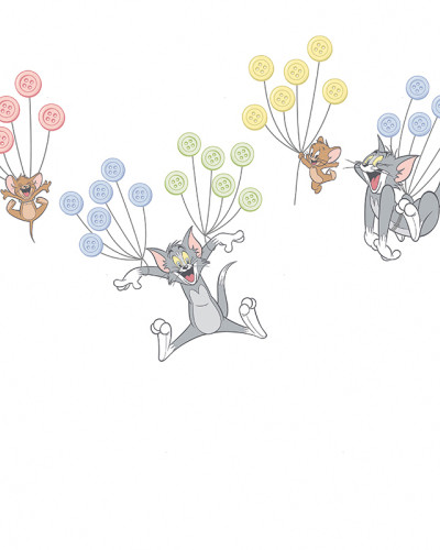 Tom și Jerry zburând cu baloane din nasturi colorați (roz, galben, albastru, verde) pe un fundal alb. Tapet vesel pentru camera copiilor.