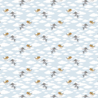 Tapet decorativ Tom și Jerry 102, cu personaje zburând printre nori pe un fundal albastru deschis, într-o cameră modernă cu mobilă maro și gri.