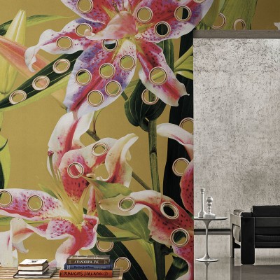 Tapet floral cu inele aurii, design abstract, culori calde, tonuri naturale