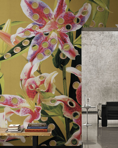 Tapet floral cu inele aurii, design abstract, culori calde, tonuri naturale