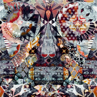 Tapet cu design abstract, vibrant, care combină forme geometrice și detalii florale, ideale pentru a crea un punct focal în living, dormitor sau hol.