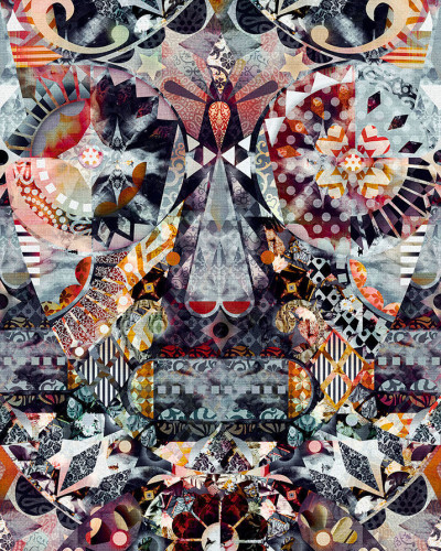Tapet cu design abstract, vibrant, care combină forme geometrice și detalii florale, ideale pentru a crea un punct focal în living, dormitor sau hol.