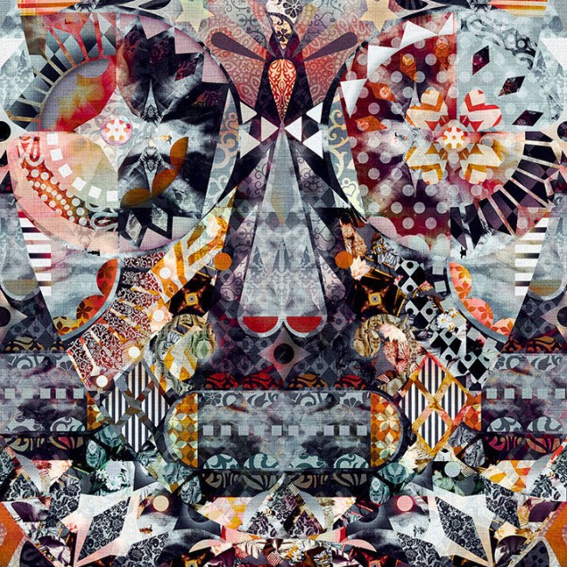 Tapet cu design abstract, vibrant, care combină forme geometrice și detalii florale, ideale pentru a crea un punct focal în living, dormitor sau hol.