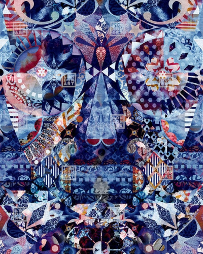 Tapet cu design abstract vibrant in nuanțe de albastru, roșu, galben și gri