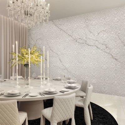 Wallpaper cu design elegant, alb, cu motive florale delicate, inspirat de marmura naturala.