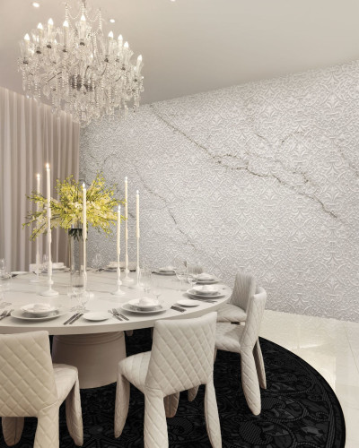 Wallpaper cu design elegant, alb, cu motive florale delicate, inspirat de marmura naturala.