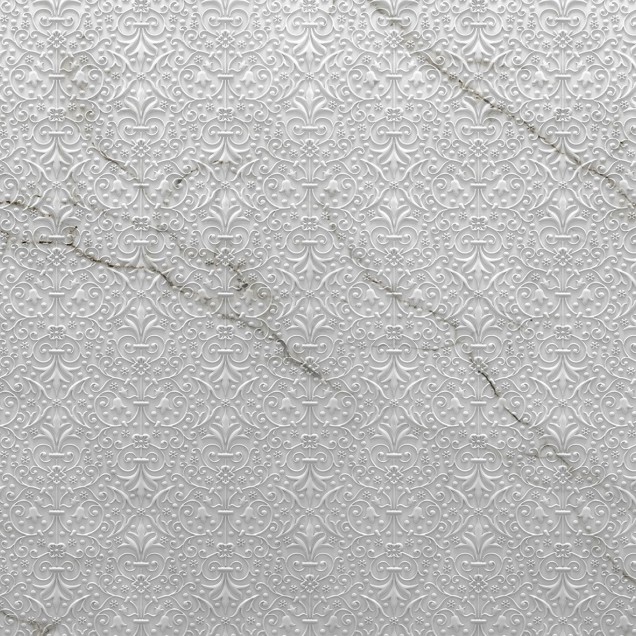 Wallpaper cu design elegant, alb, cu motive florale delicate, inspirat de marmura naturala.
