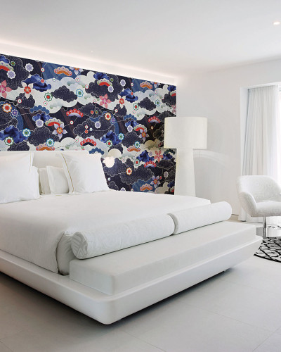 Tapet cu design abstract, inspirat din arta japoneză, în nuanțe de albastru, gri și alb