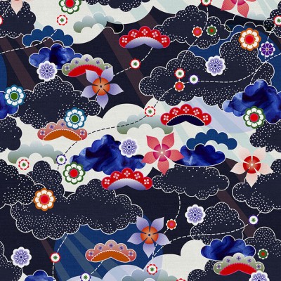 Tapet cu design abstract, inspirat din arta japoneză, în nuanțe de albastru, gri și alb