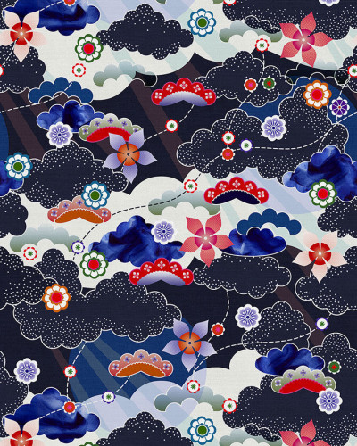 Tapet cu design abstract, inspirat din arta japoneză, în nuanțe de albastru, gri și alb