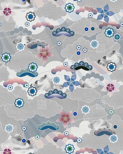 Tapet cu nori gri și flori delicate argintii