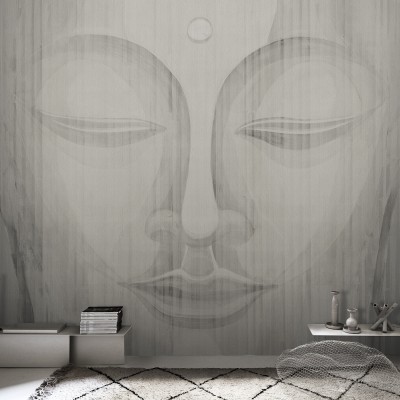 Tapet Canvas Re-Edition, design minimalist, fața lui Buddha, tonuri de gri deschis