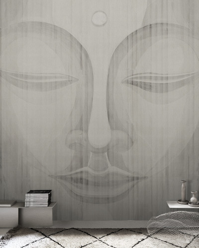 Tapet Canvas Re-Edition, design minimalist, fața lui Buddha, tonuri de gri deschis