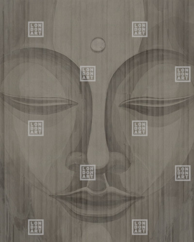 Tapet modern cu design minimalist, reprezentand un chip de Buddha cu ochii inchisi, imprimat pe o textura fina de culoare maro.