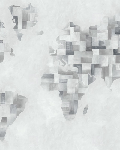 Tapet cu harta lumii în nuanțe de gri, design abstract geometric