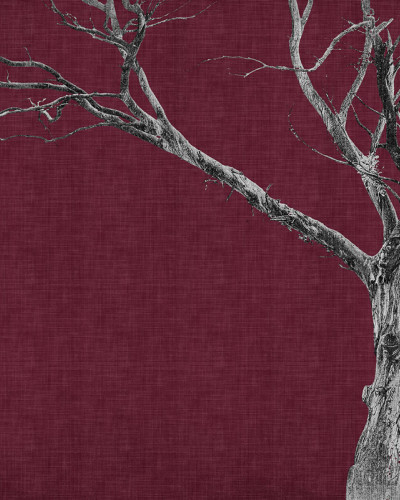 Wallpaper cu design minimalist cu un copac uscat pe un fond roșu elegant. Designul este ideal pentru dormitor, living sau birou.